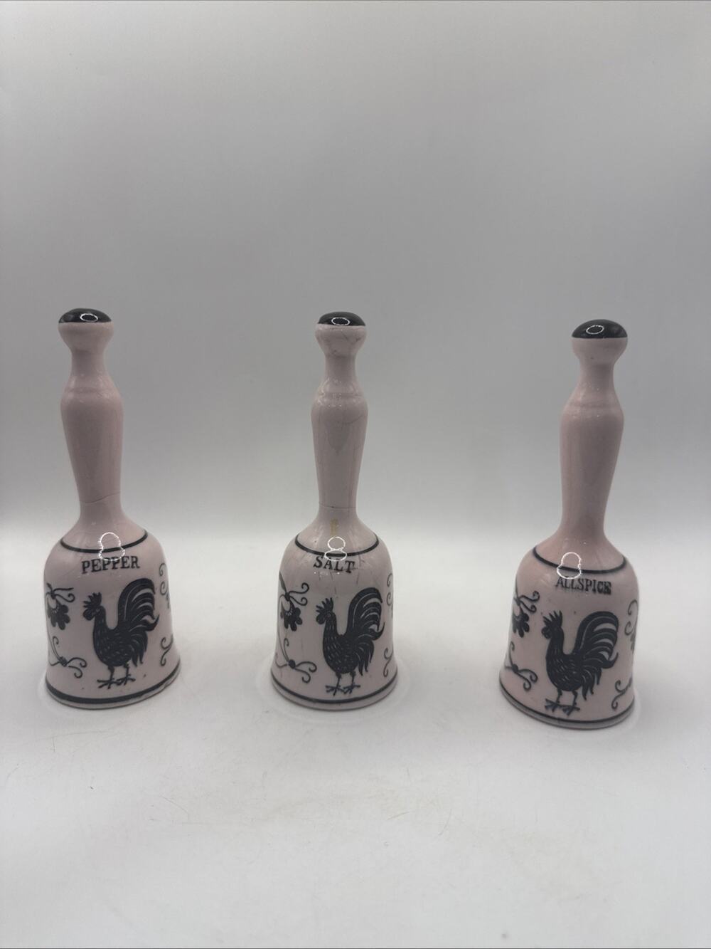 Vintage White & Black Rooster Pottery Spice Shaker Set *